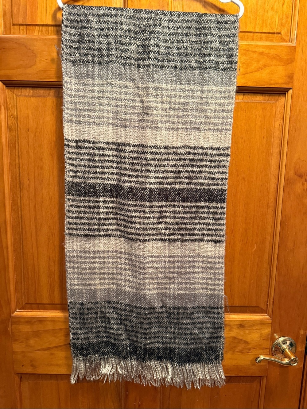 Striped Gray Fringe Knit Scarf Wrap - Neutral Gray Tones